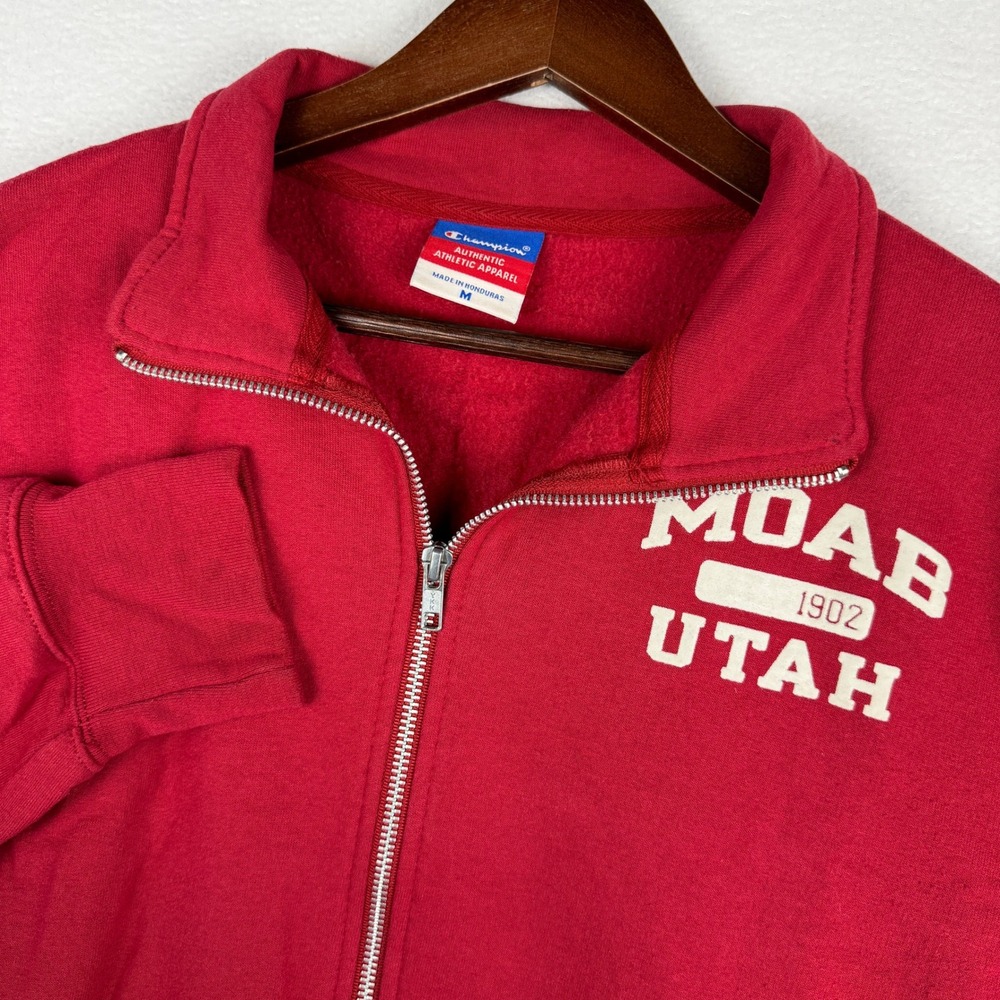 Moab Utah Champion Full Zip Sweatshirt Mens Medium Red Graphic Travel Souvenir